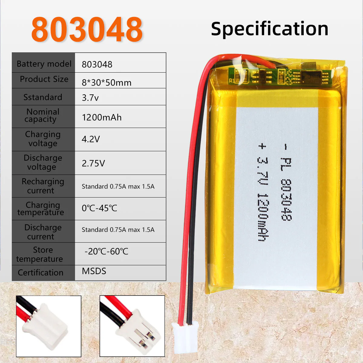YDL 3.7V 803048 1200mAh Lithium Polymer Battery - Image 3