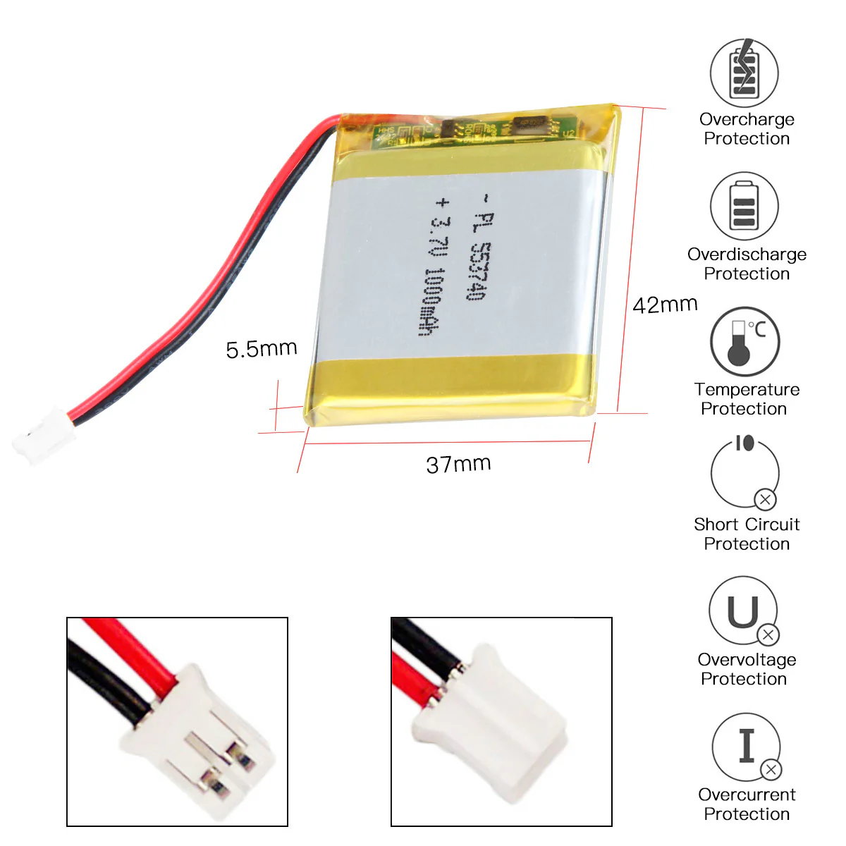 YDL 3.7V 1000mAh 553740 Rechargeable Lithium Polymer Battery Length 42mm - Image 3