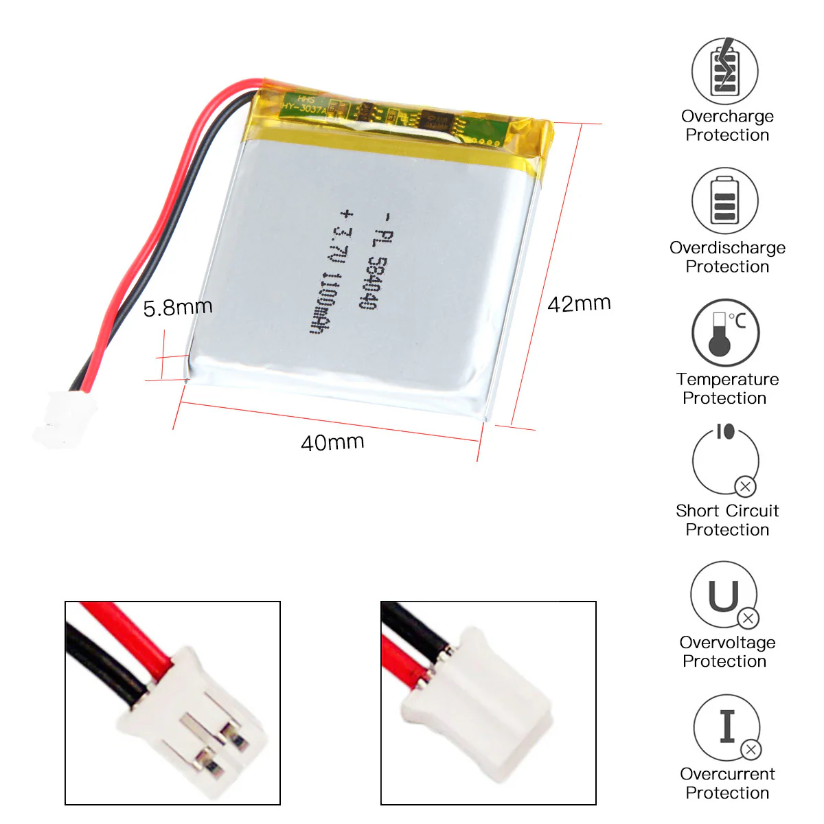 YDL 3.7V 1100mAh 584040 Rechargeable Lithium Polymer Battery Length 42mm - Image 3