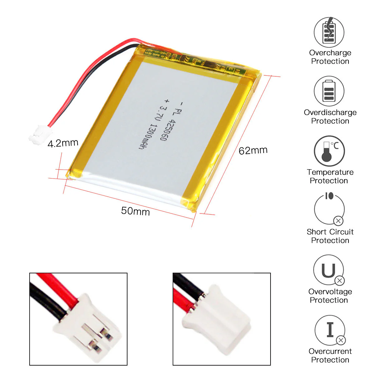 YDL 3.7V 1300mAh 425060 Rechargeable Lithium Polymer Battery Length 62mm - Image 3