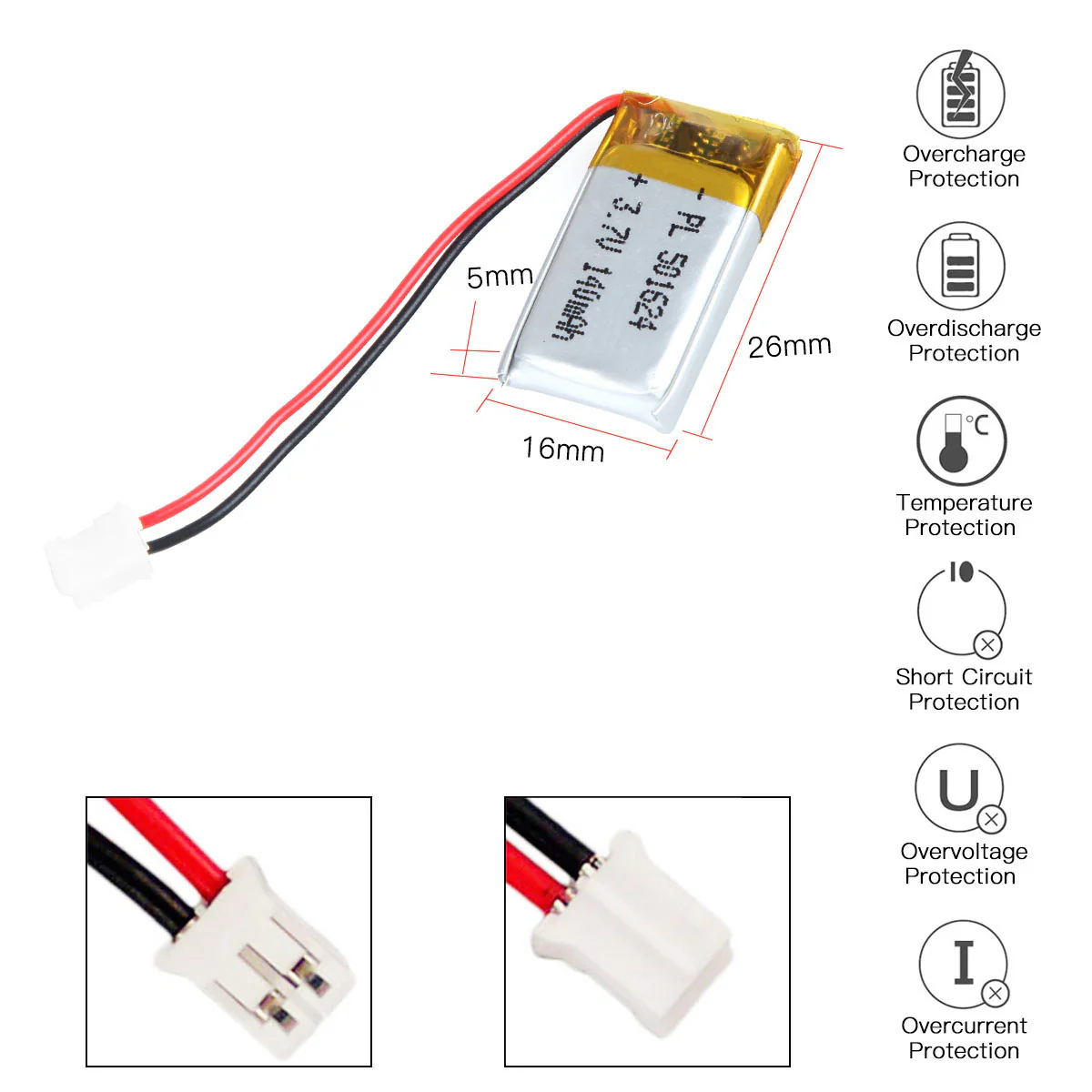 YDL 3.7V 140mAh 501624 Rechargeable Lithium Polymer Battery Length 26mm - Image 4