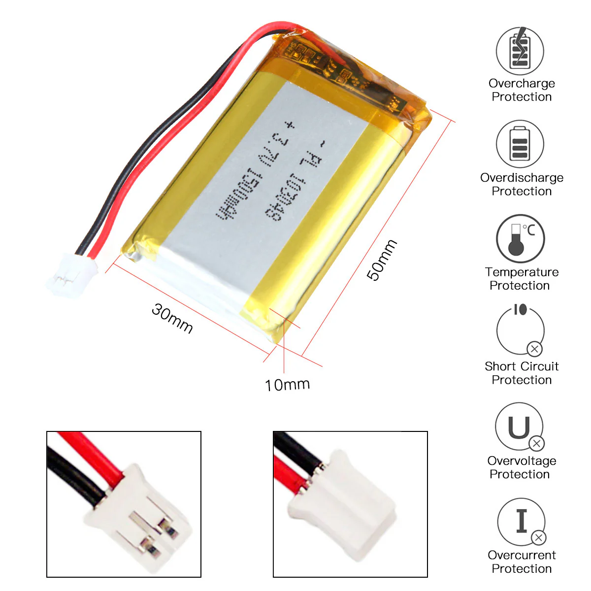 3.7V 1500mAh 103048 Rechargeable Lithium Polymer Battery 50mm for Thymio robot - Image 4