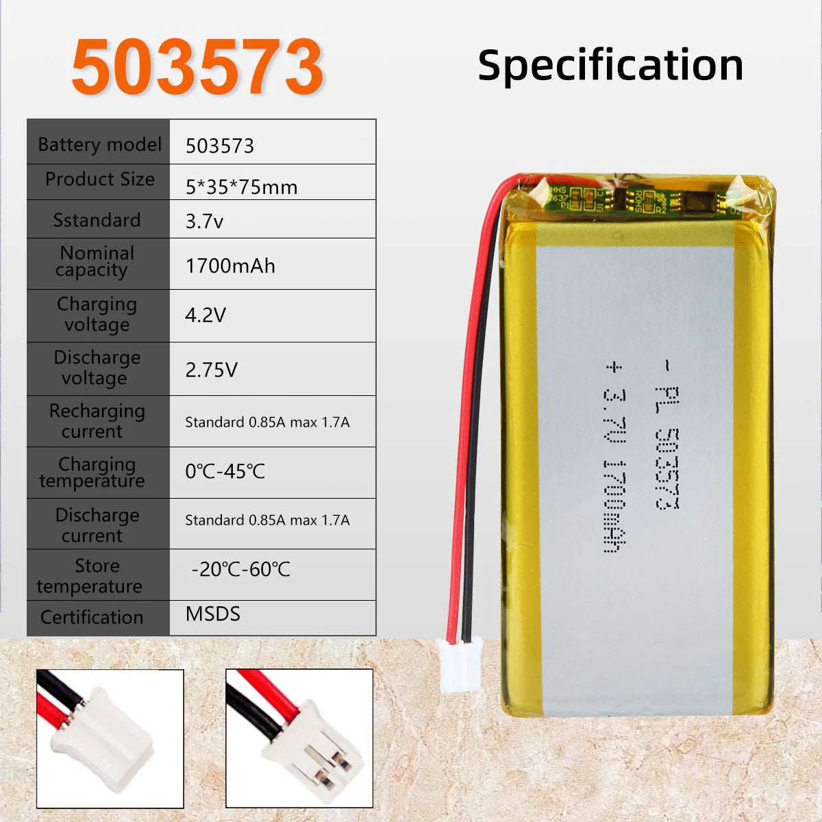 3.7V 1700mAh 503573 Lithium Polymer Battery - Image 5