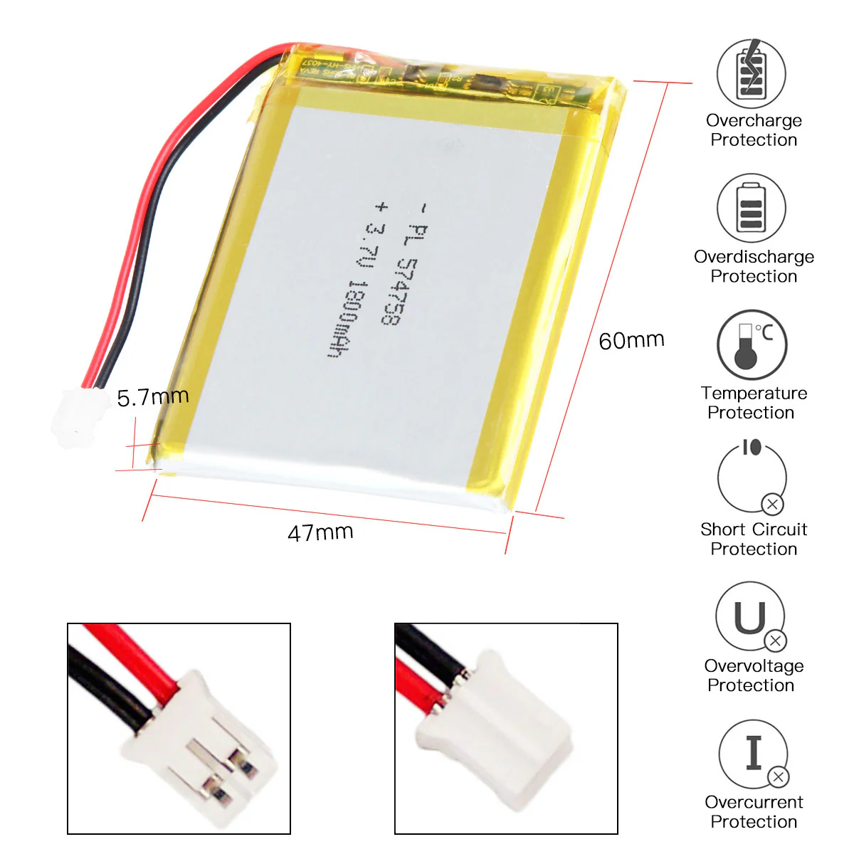 YDL 3.7V 1800mAh 574758 Rechargeable Lithium Polymer Battery Length 60mm - Image 4