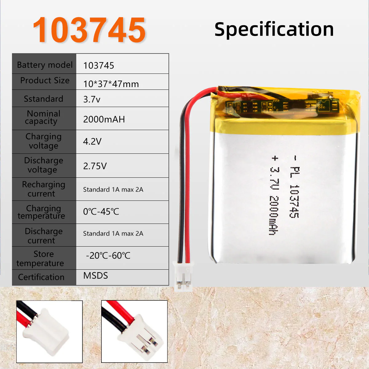 3.7V 2000mAh 103745 Rechargeable Lithium Polymer Battery - Image 6