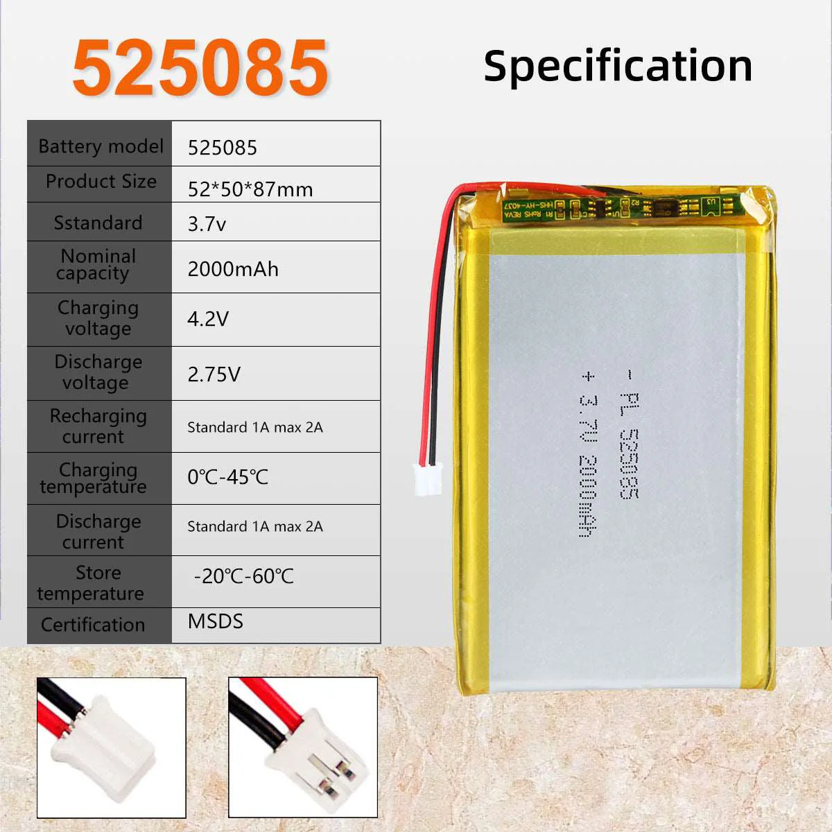 3.7V 2000mAh 525085 Lithium Polymer Battery - Image 5