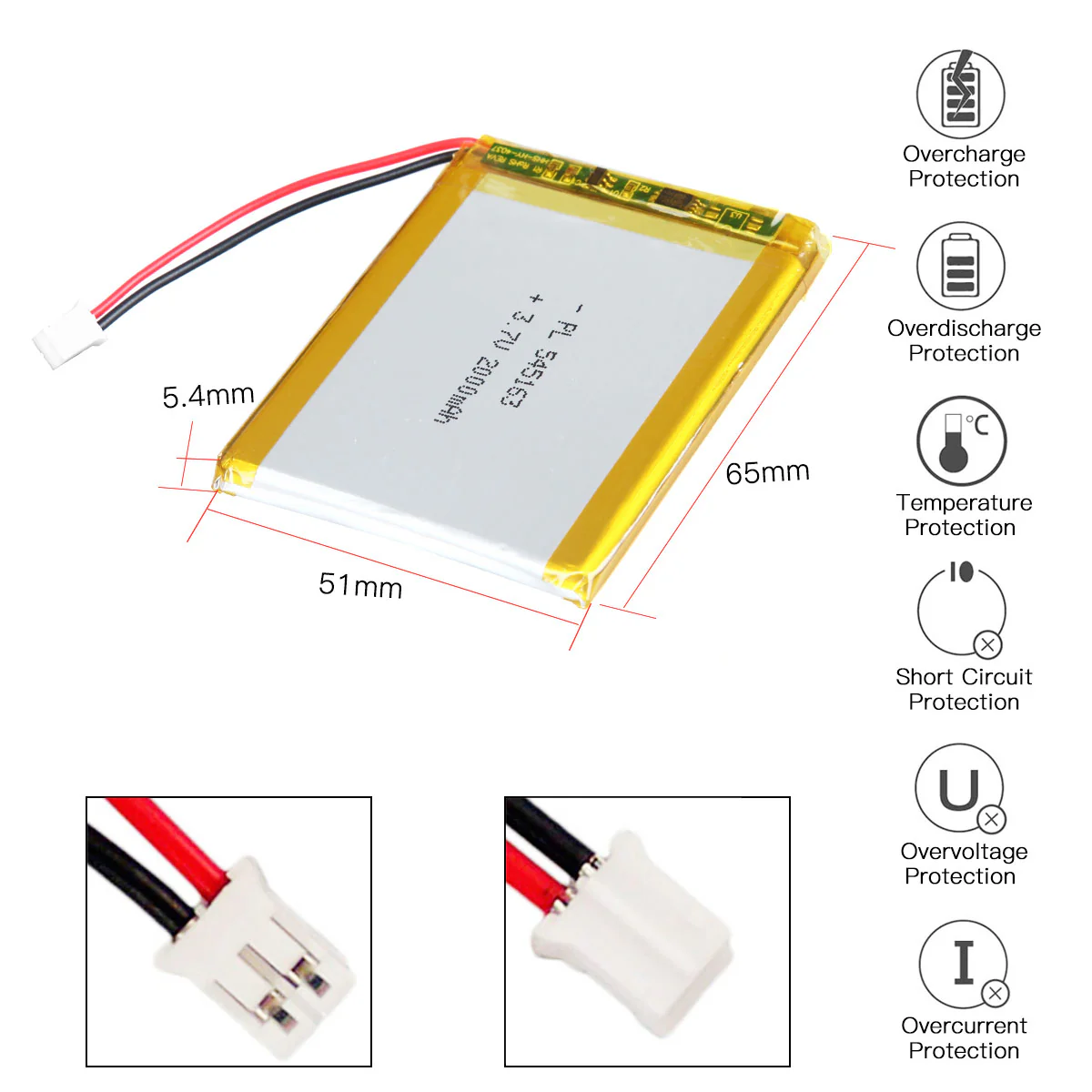 YDL 3.7V 2000mAh 545163 Rechargeable Lithium Polymer Battery Length 65mm - Image 4