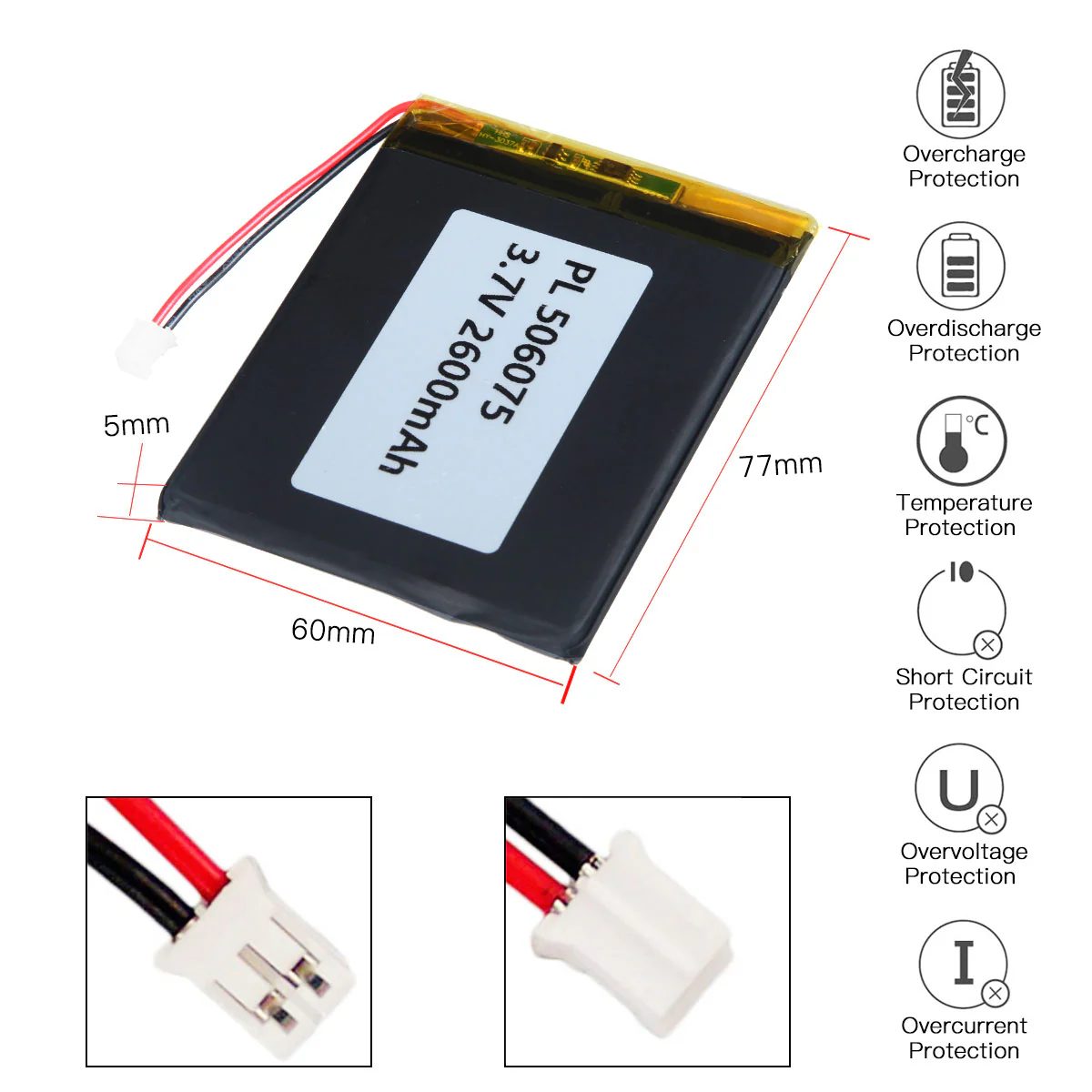 YDL 3.7V 2600mAh 506075 Rechargeable Lithium Polymer Battery Length 77mm - Image 3