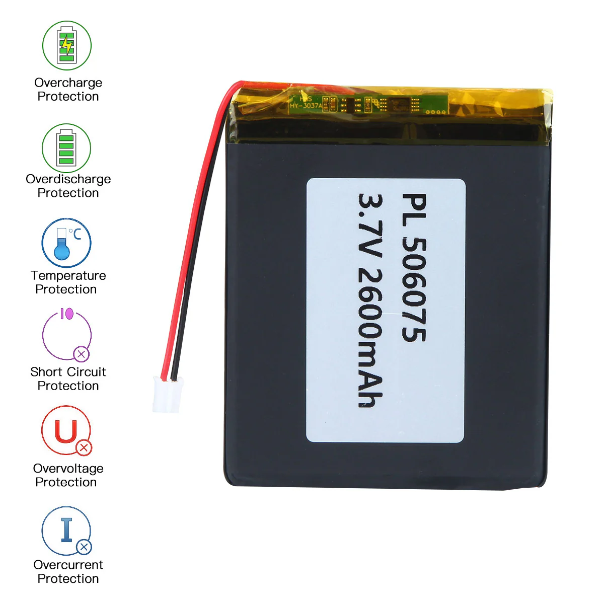 YDL 3.7V 2600mAh 506075 Rechargeable Lithium Polymer Battery Length 77mm - Image 5