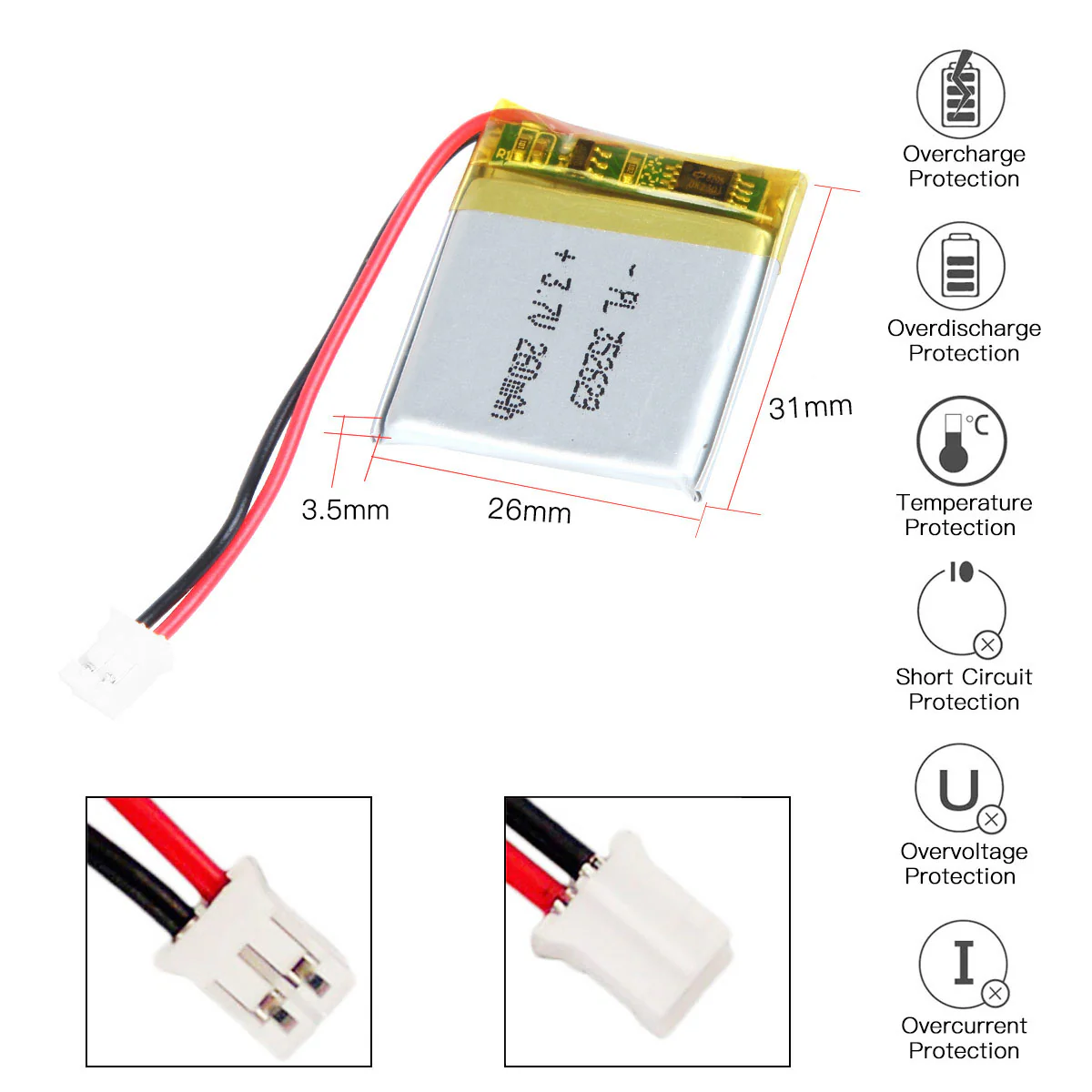YDL 3.7V 260mAh 352629 Rechargeable Lithium Polymer Battery Length 31mm - Image 3