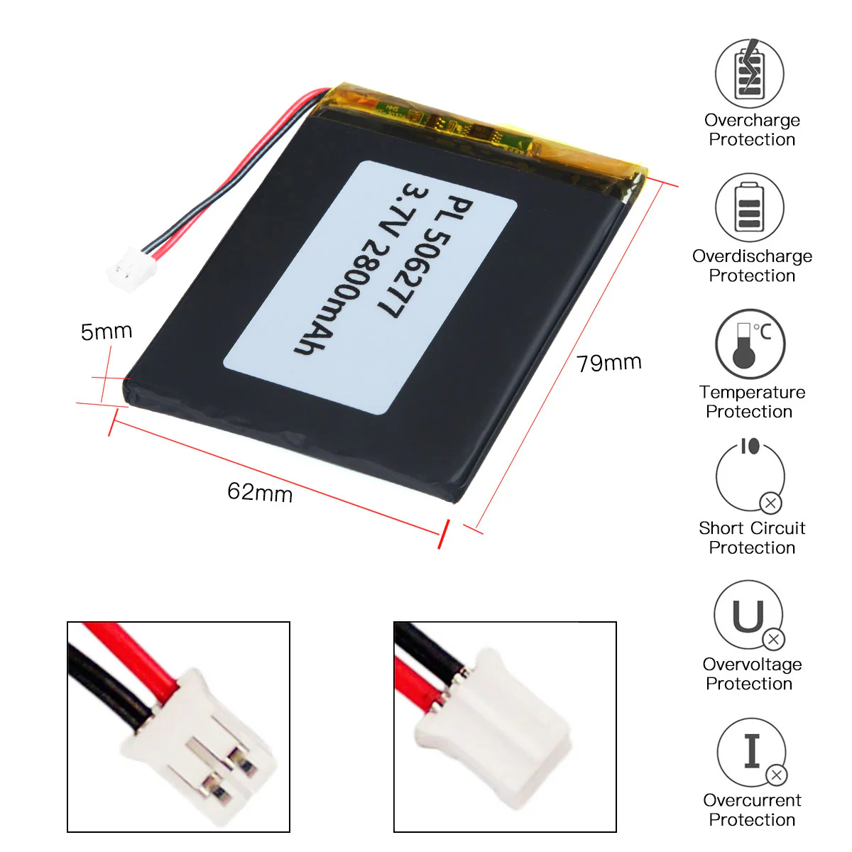 YDL 3.7V 2800mAh 506277 Rechargeable Lithium Polymer Battery Length 79mm - Image 3