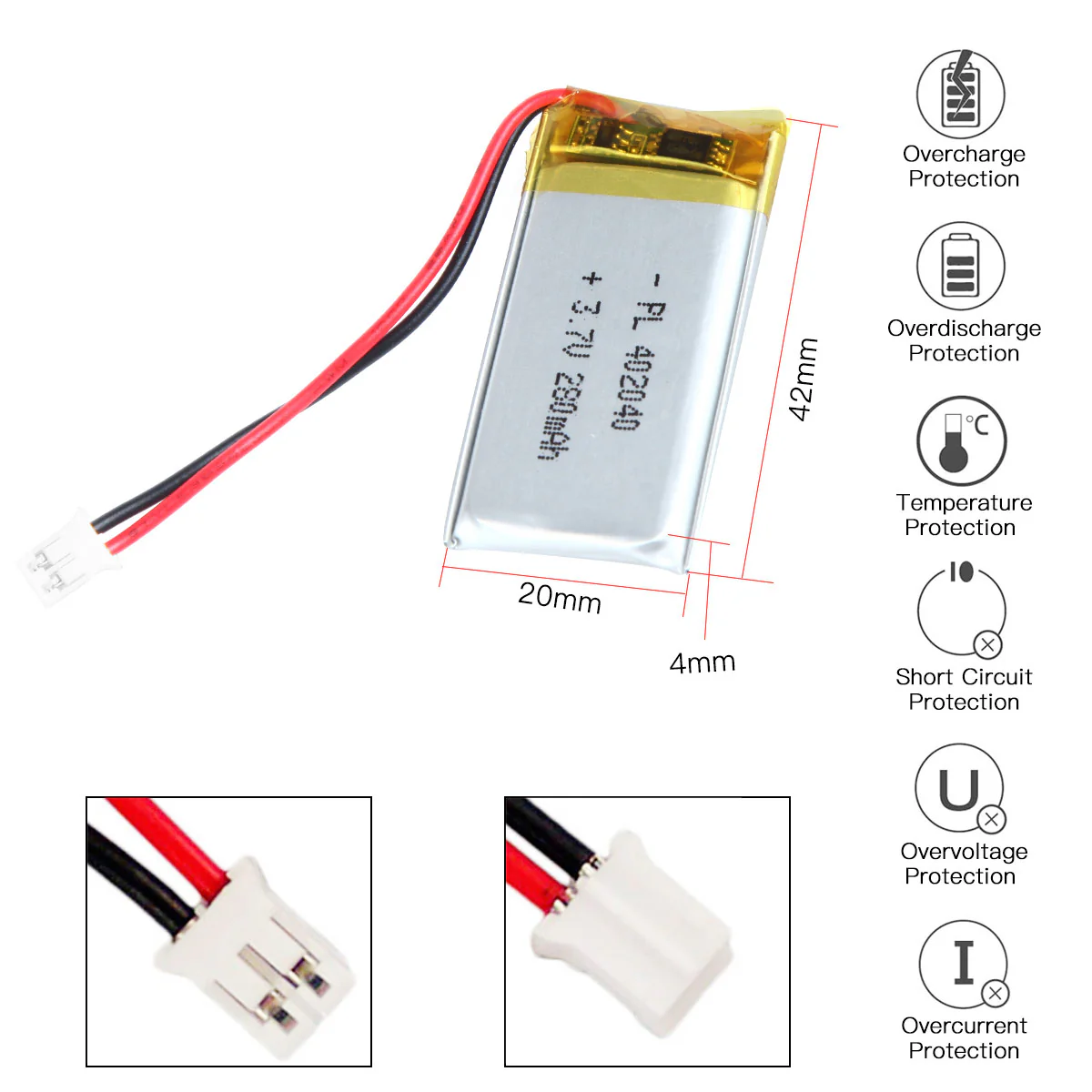 YDL 3.7V 280mAh 402040 Rechargeable Lithium Polymer Battery Length 42mm - Image 3