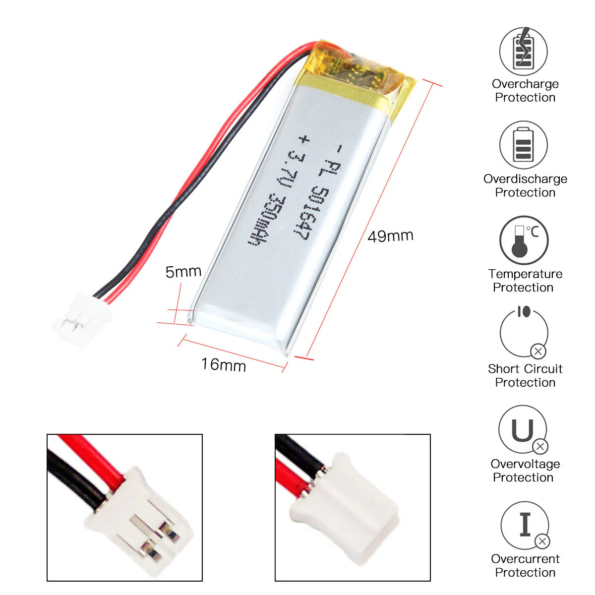 YDL 3.7V 350mAh 501647 Rechargeable Lithium Polymer Battery - Image 3