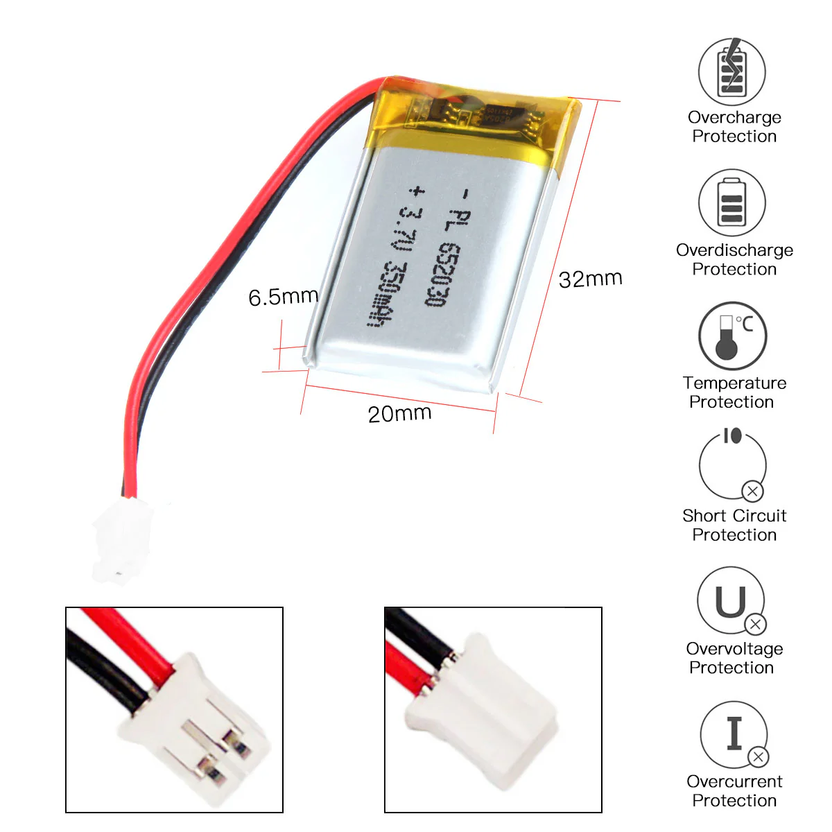 YDL 3.7V 350mAh 652030 Rechargeable Lithium Polymer Battery Length 32mm - Image 3