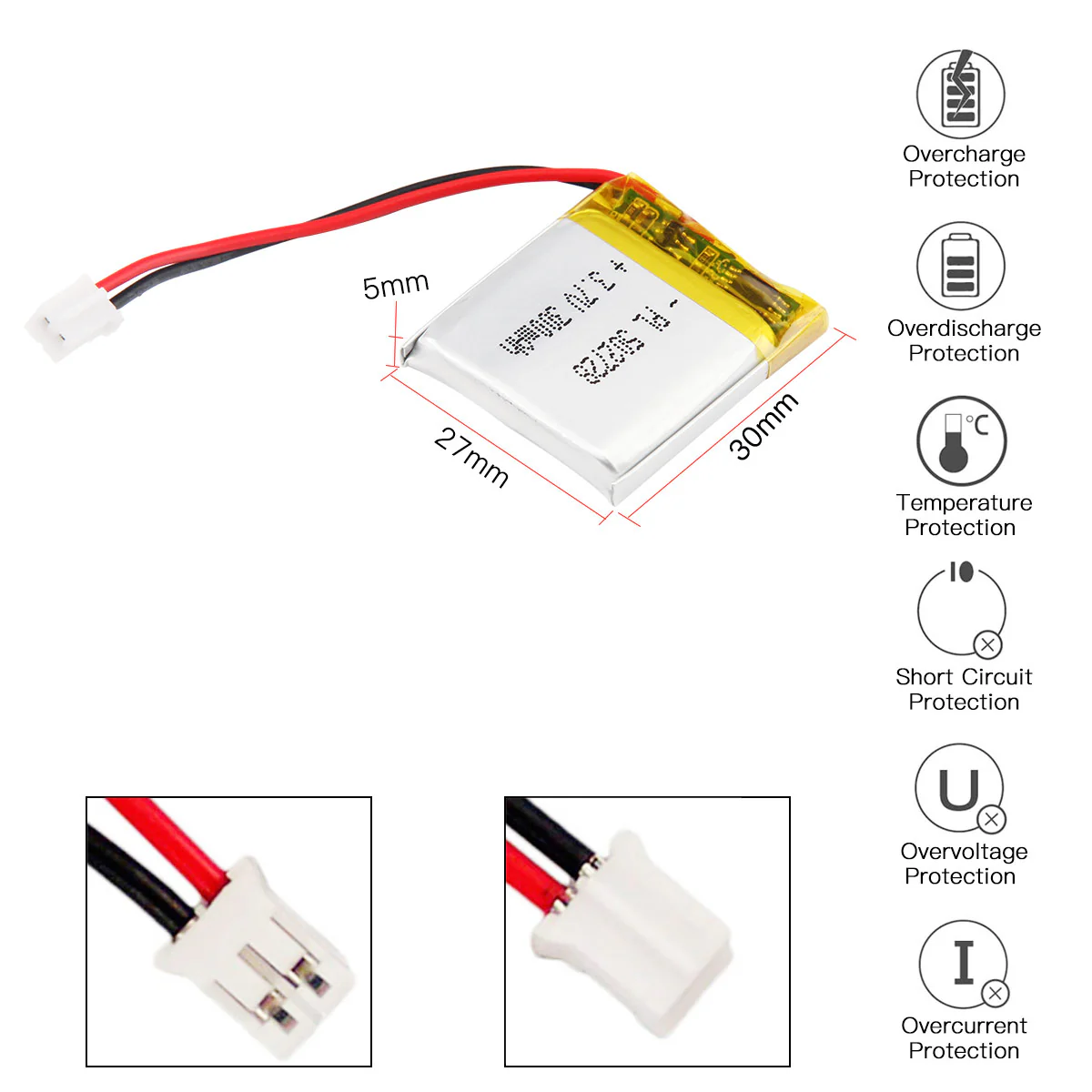 YDL 3.7V 360mAh 502728 Rechargeable Lithium Polymer Battery Length 30mm - Image 3