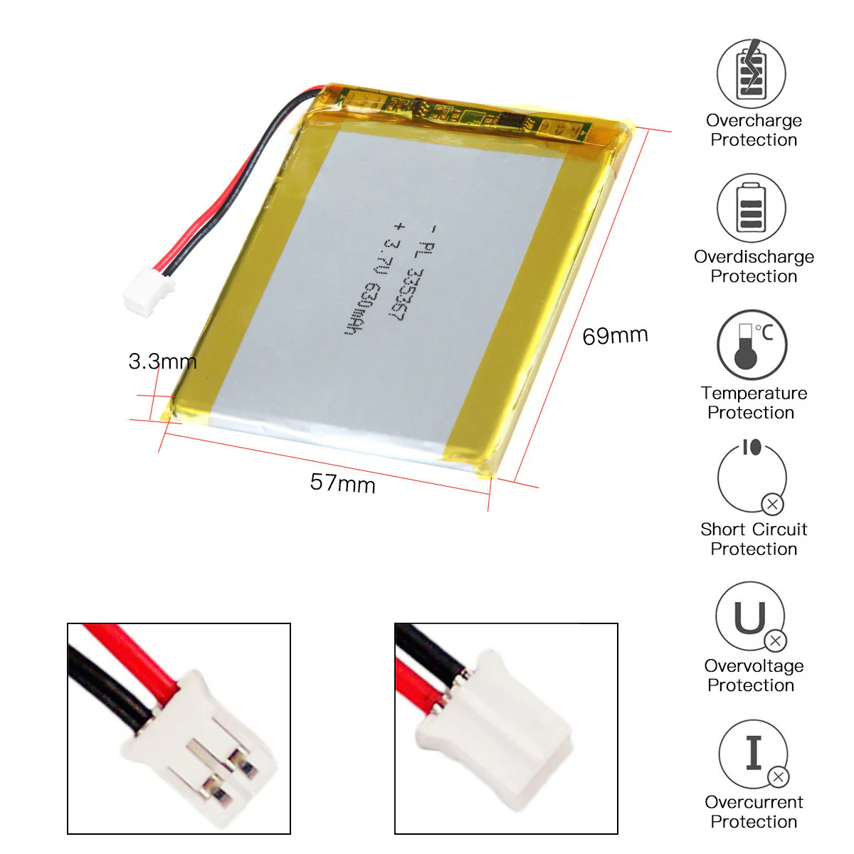 YDL 3.7V 630mAh 335367 Rechargeable Lithium Polymer Battery Length 69mm - Image 3