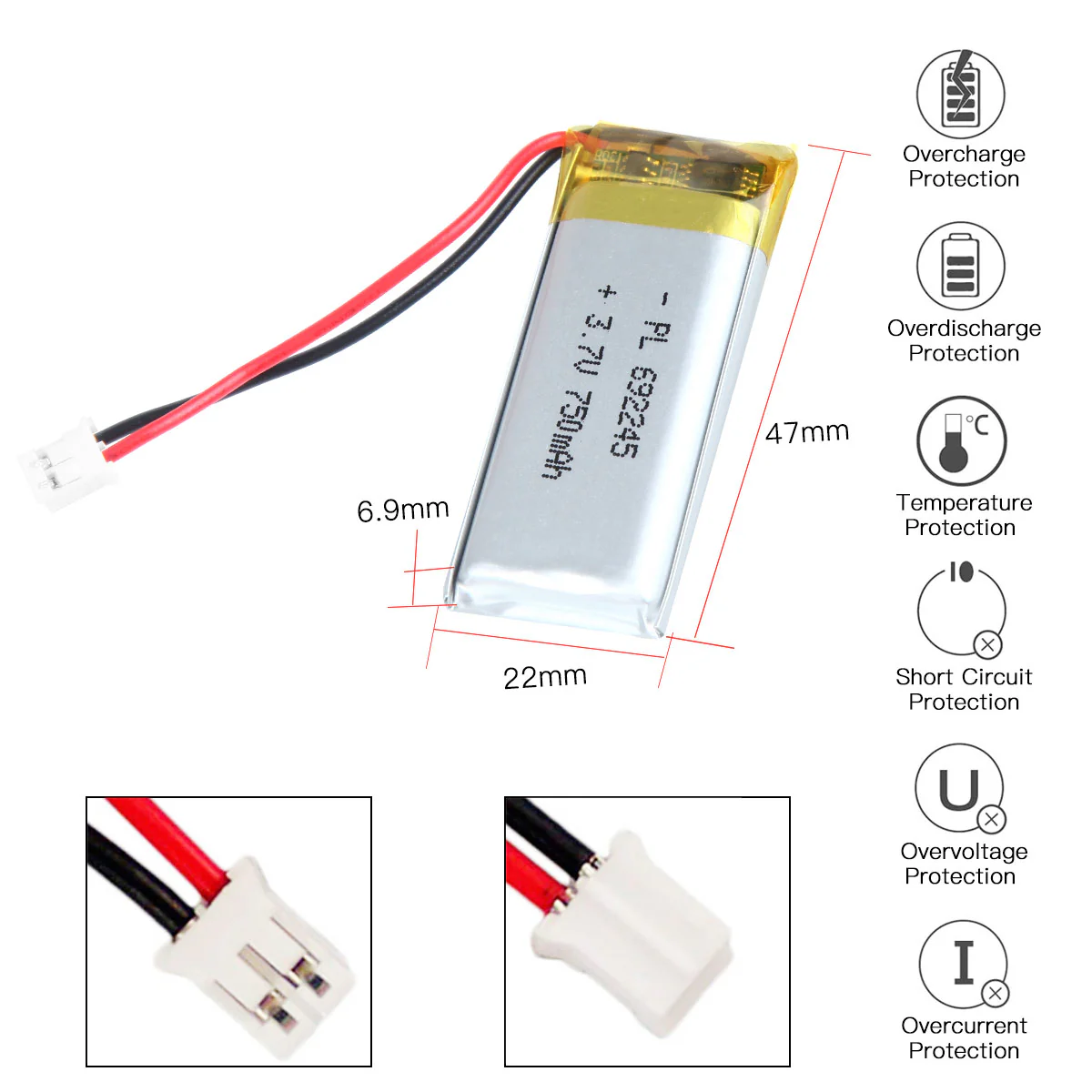 YDL 3.7V 750mAh 692245 Rechargeable Lithium Polymer Battery - Image 3