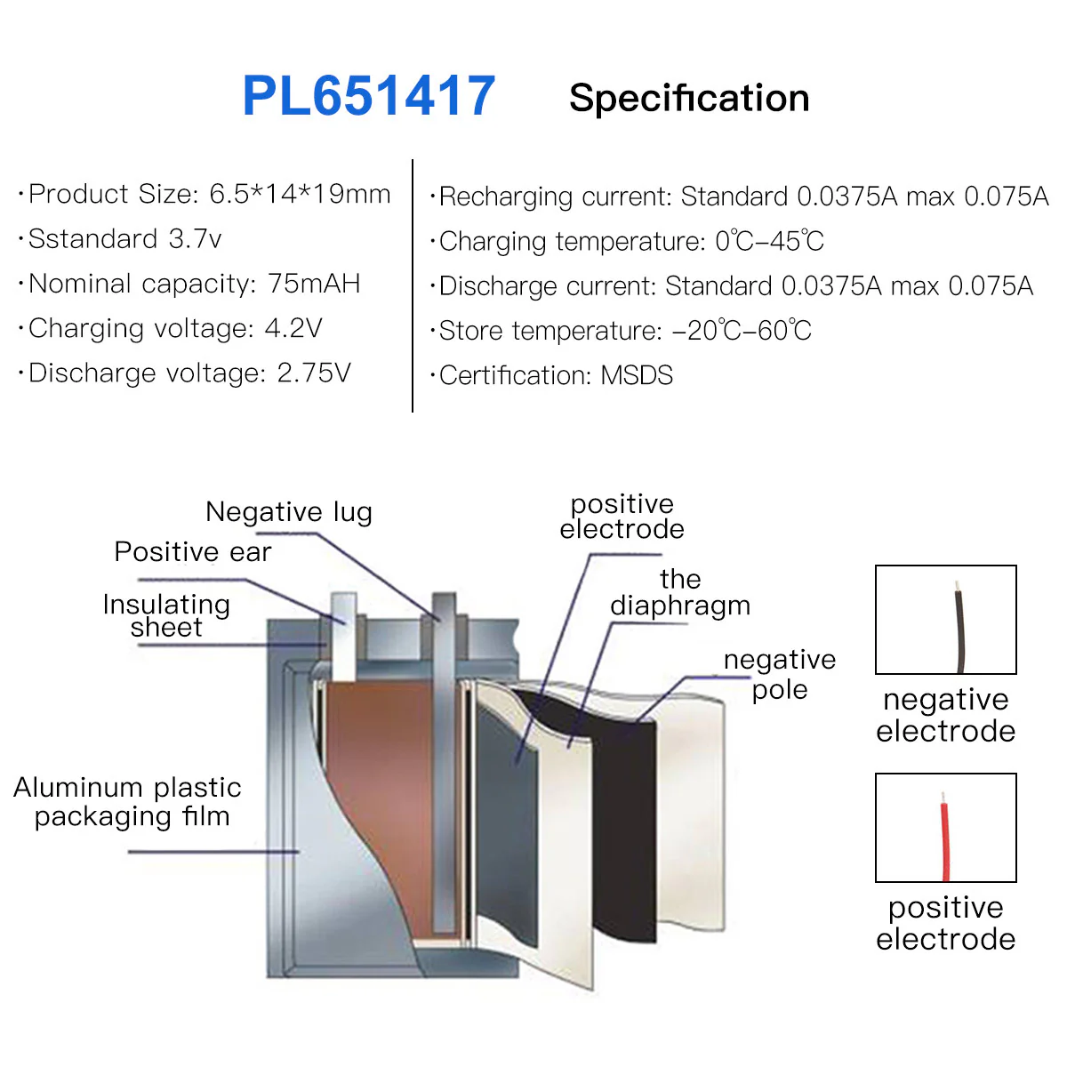 YDL 3.7V 75mAh 651417 Rechargeable Lithium Polymer Battery - Image 6