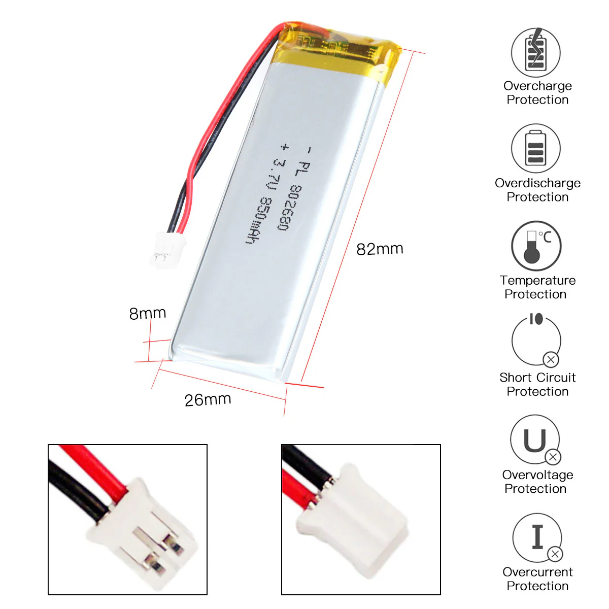 YDL 3.7V 850mAh 802680 Rechargeable Lithium Polymer Battery - Image 3