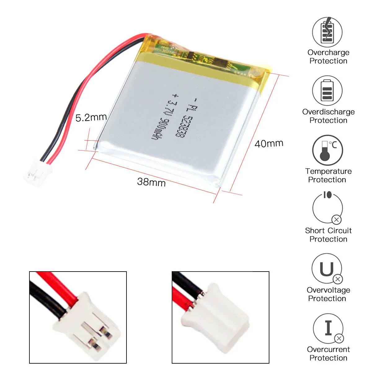 YDL 3.7V 900mAh 523838 Rechargeable Lithium Polymer Battery Length 40mm - Image 3