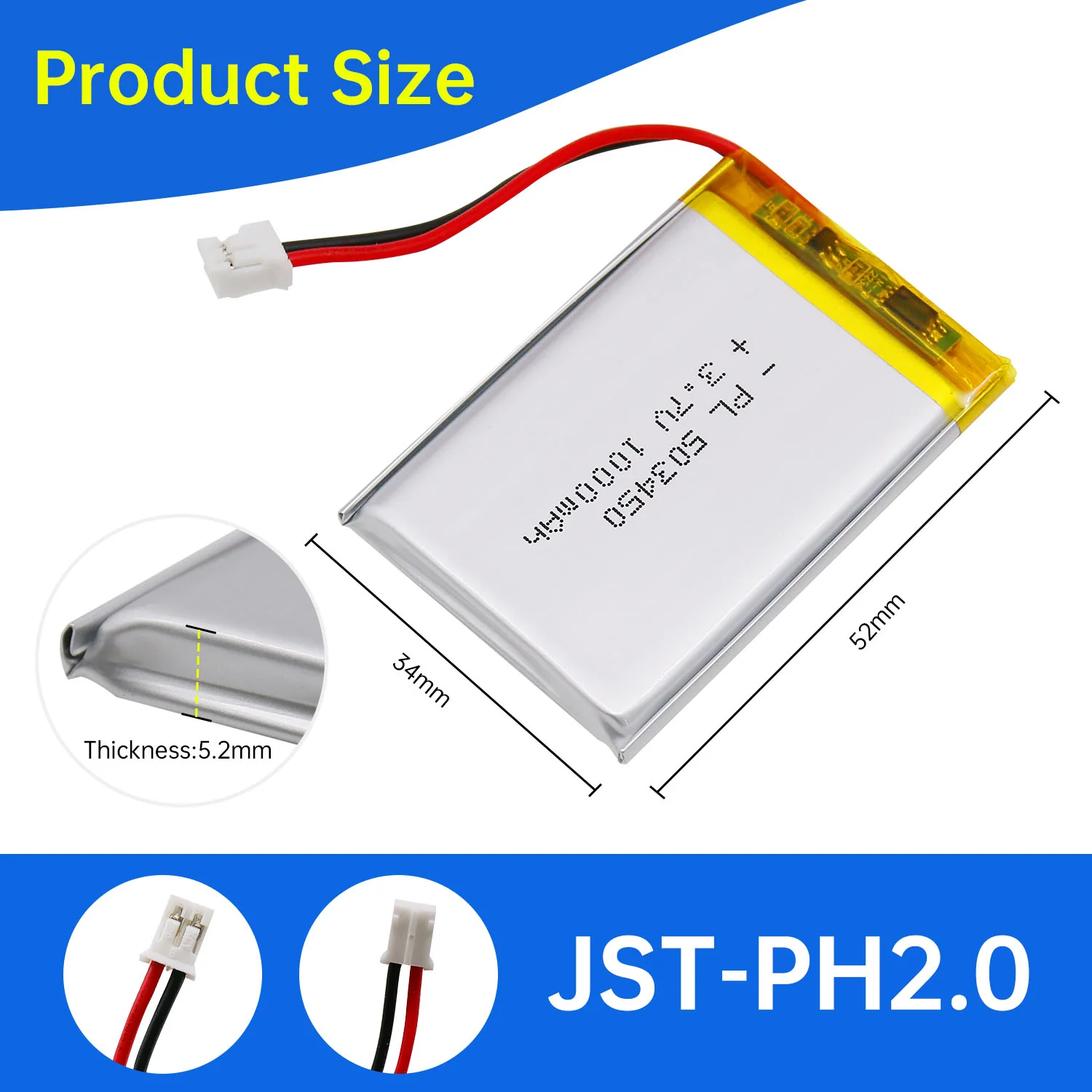 YDL 3.7V 1000mAh 523450/503450 Lithium Polymer Battery - Image 3