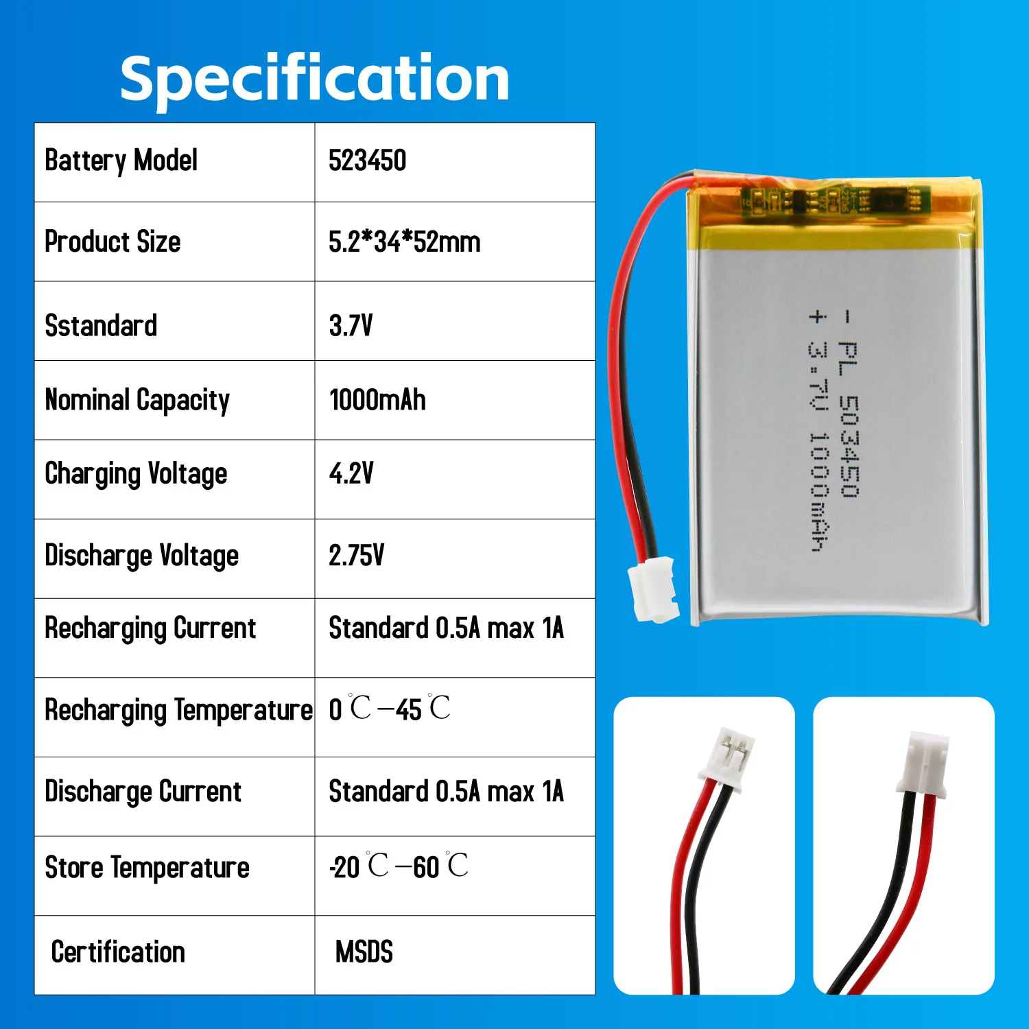 YDL 3.7V 1000mAh 523450/503450 Lithium Polymer Battery - Image 5