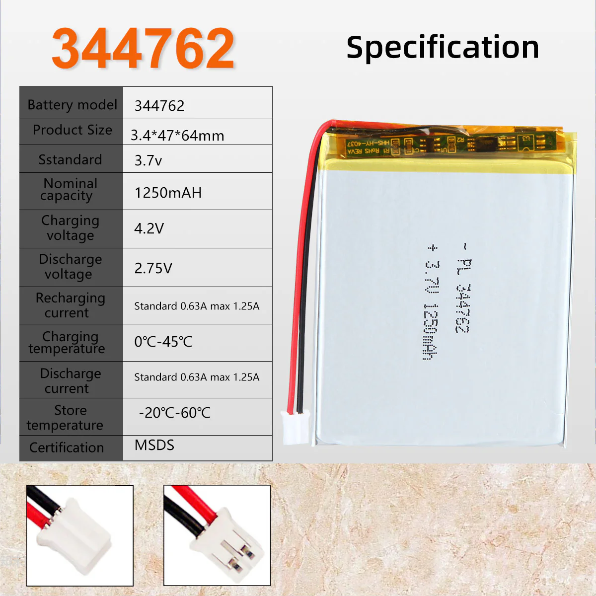 3.7V 1250mAh 344762 Rechargeable Lithium Polymer Battery - Image 6