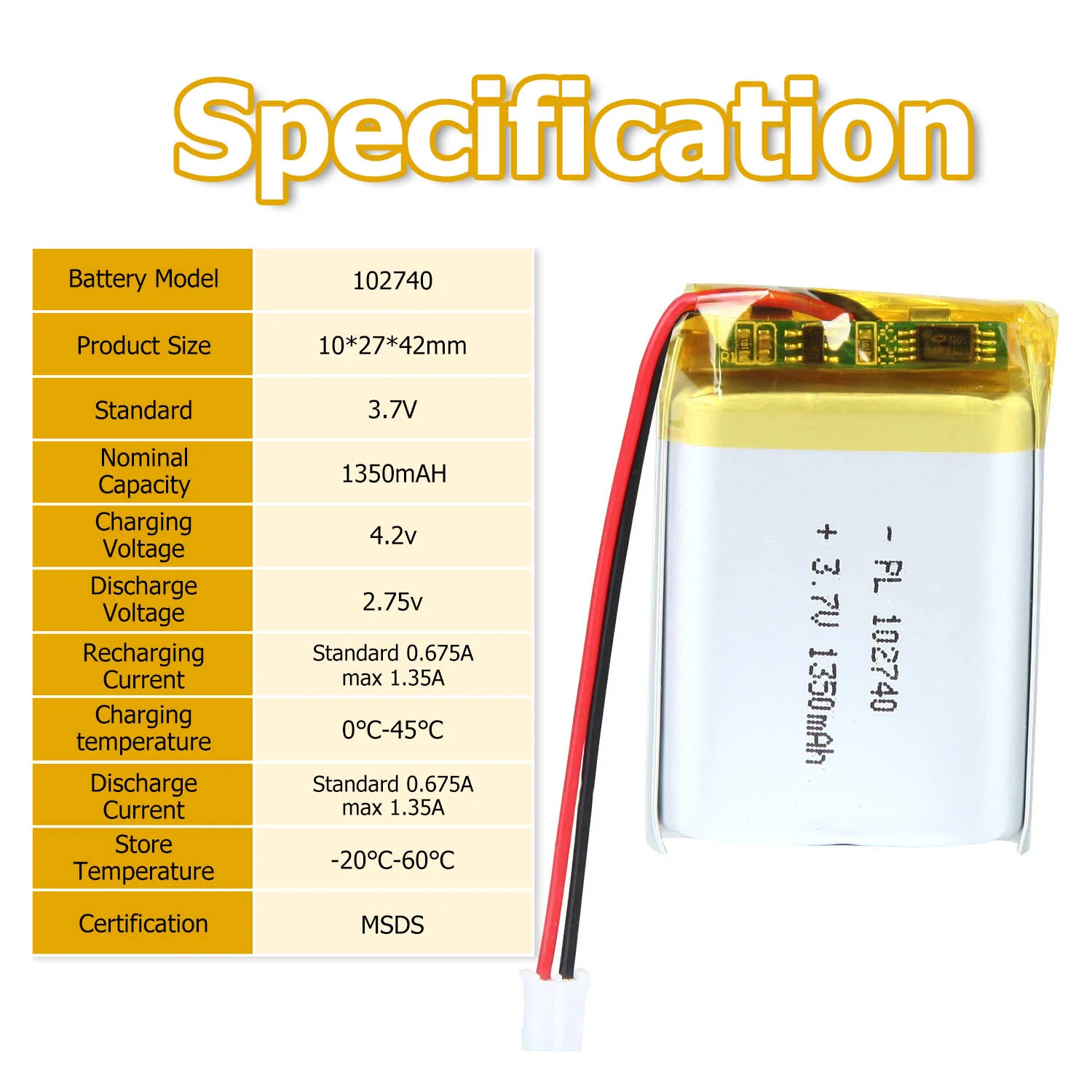 3.7V 1350mAh 102740 Rechargeable Lithium Polymer Battery - Image 6