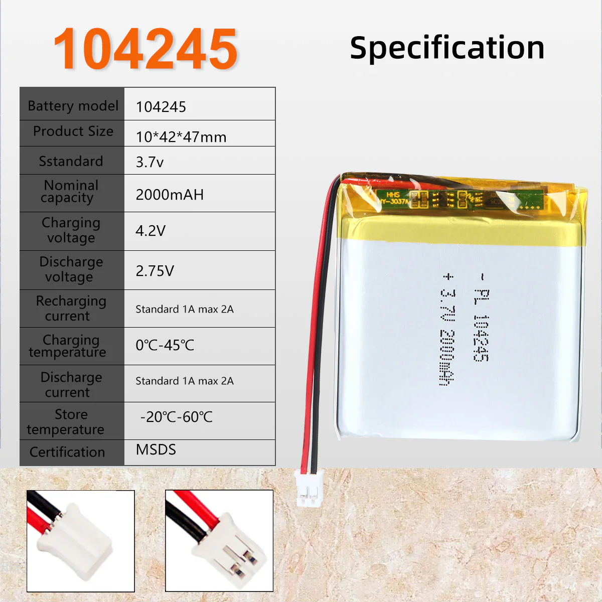 3.7V 2000mAh 104245 Rechargeable Lithium Polymer Battery - Image 6