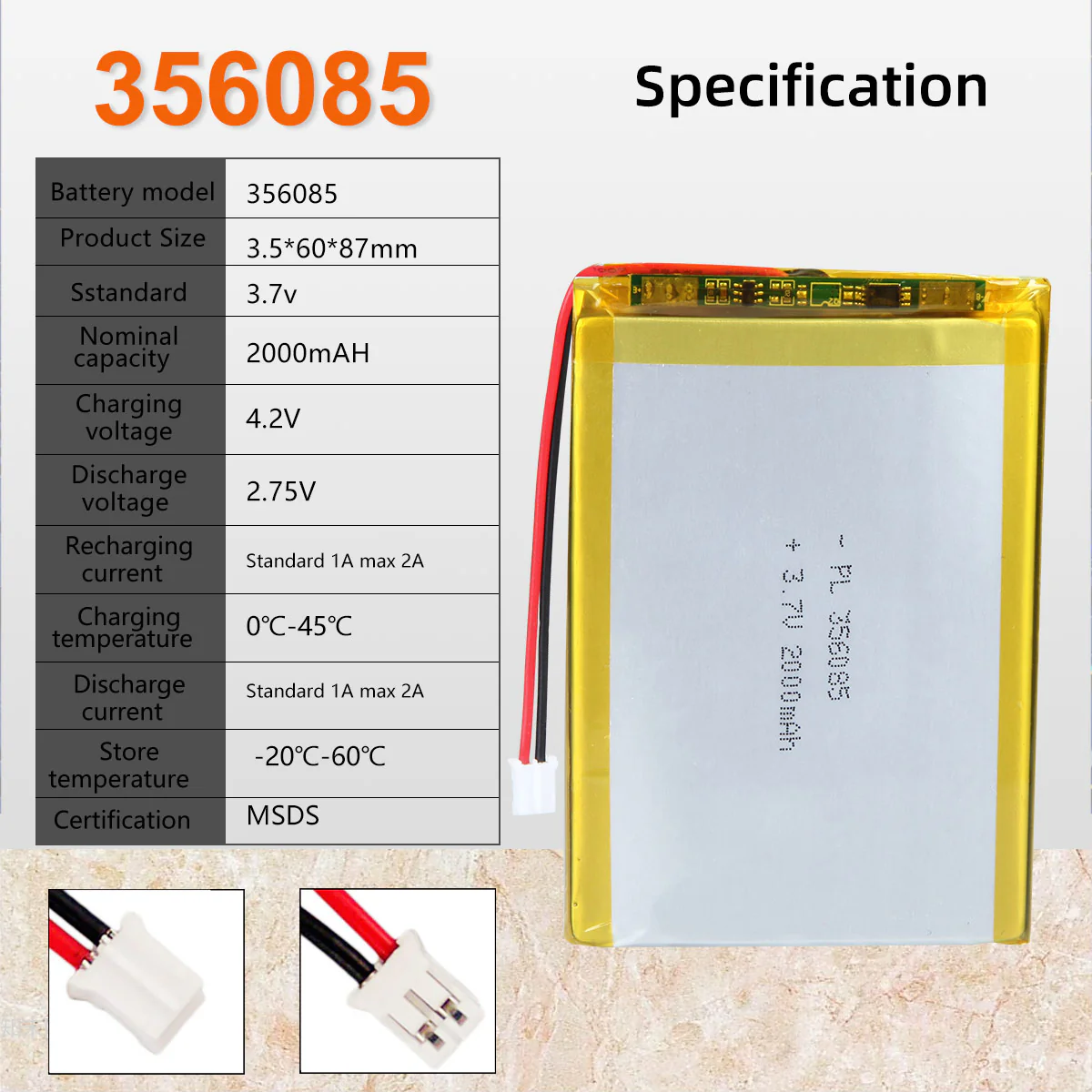 3.7V 2000mAh 356085 Rechargeable Lithium Polymer Battery - Image 6
