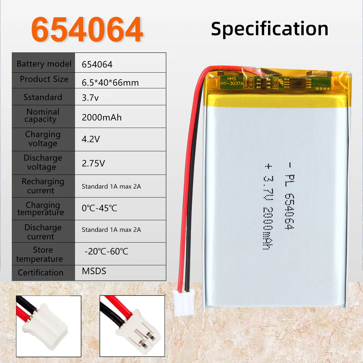 3.7V 2000mAh 654064 Rechargeable Lithium Polymer Battery - Image 6