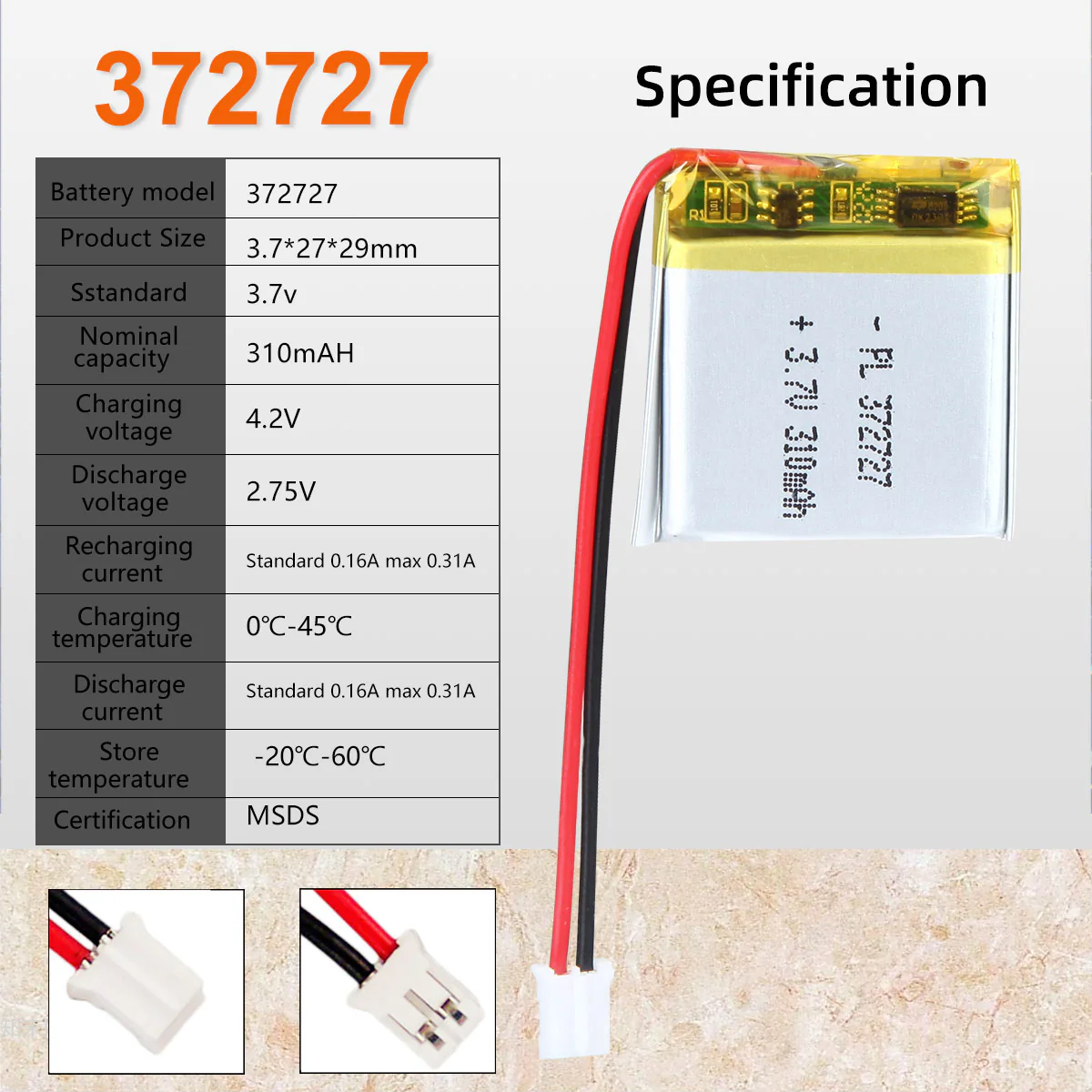 3.7V 310mAh 372727 Rechargeable Lithium Polymer Battery - Image 6