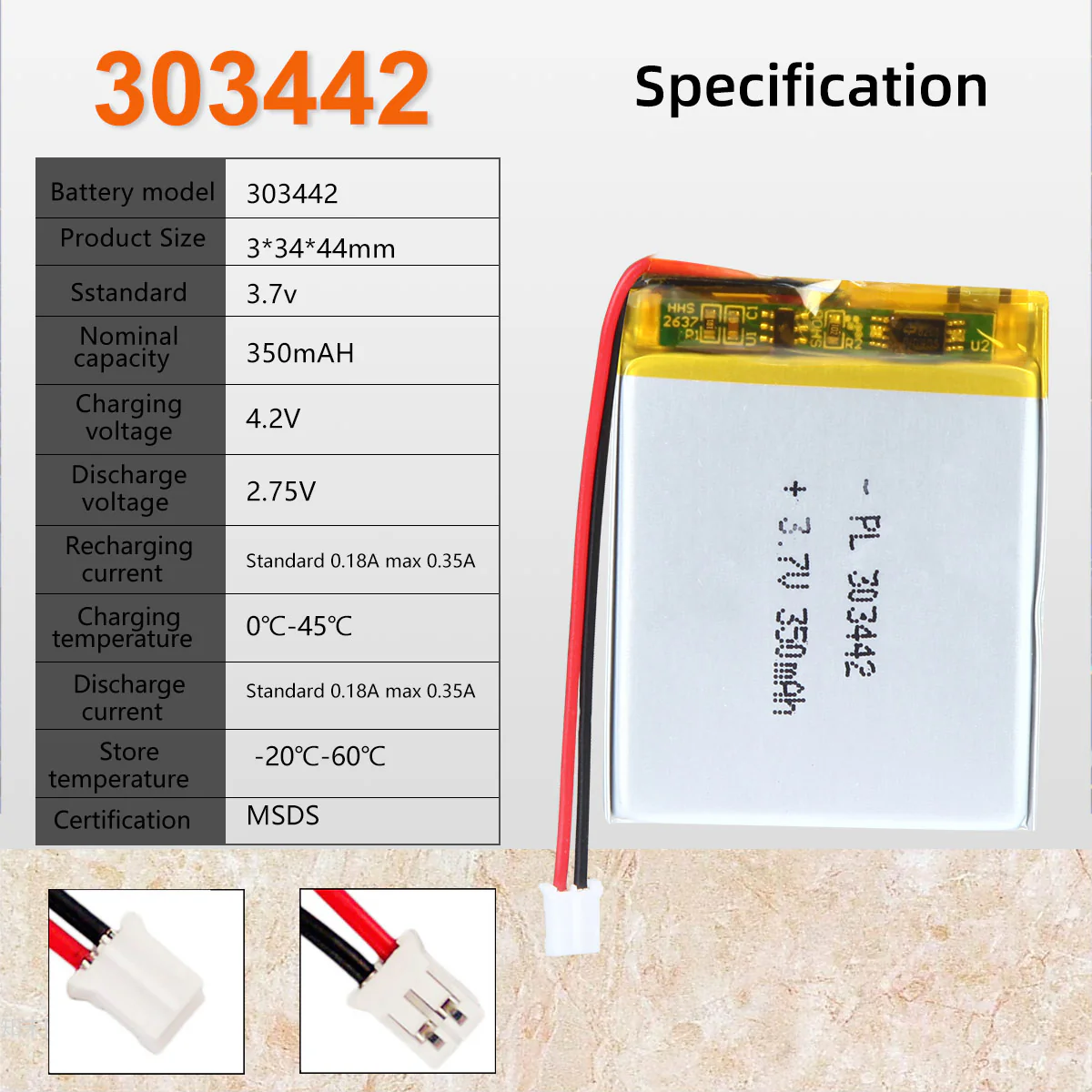 3.7V 350mAh 303442 Rechargeable Lithium Polymer Battery - Image 6