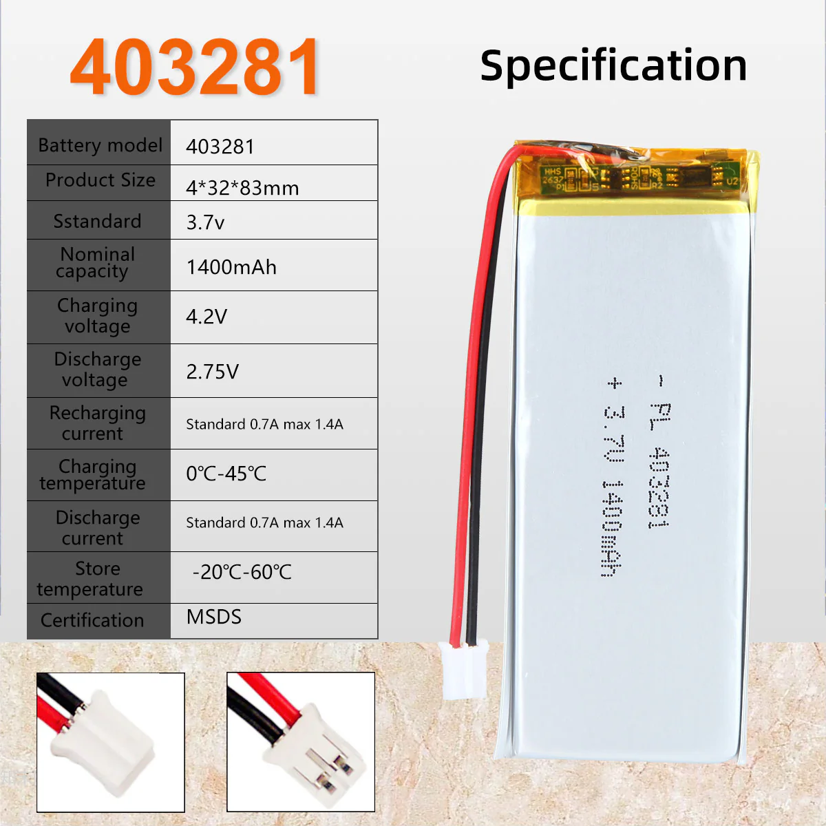 3.7V 403281 1400mAh Rechargeable Lithium Polymer Battery - Image 2