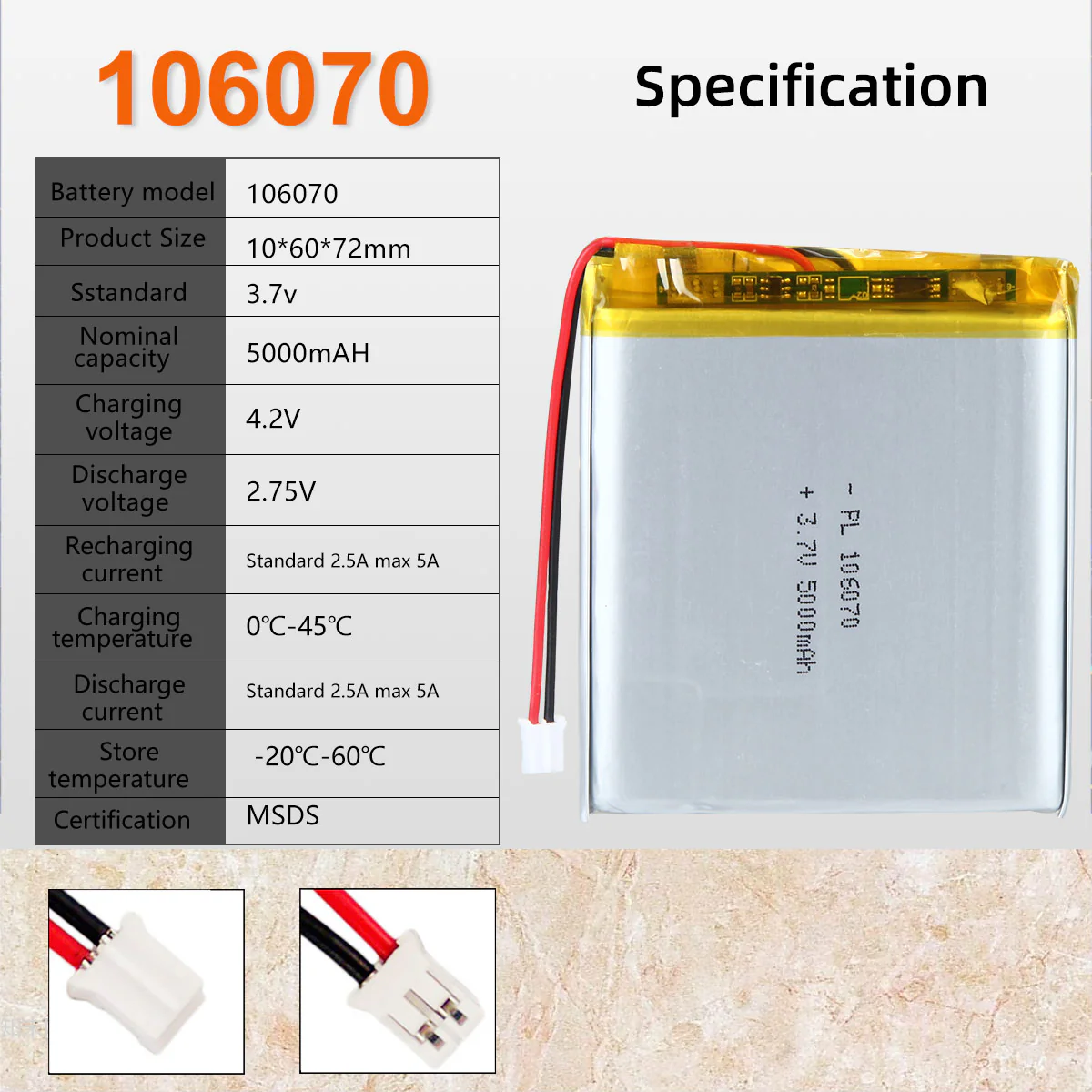 3.7V 5000mAh 106070 Rechargeable Lithium Polymer Battery - Image 2