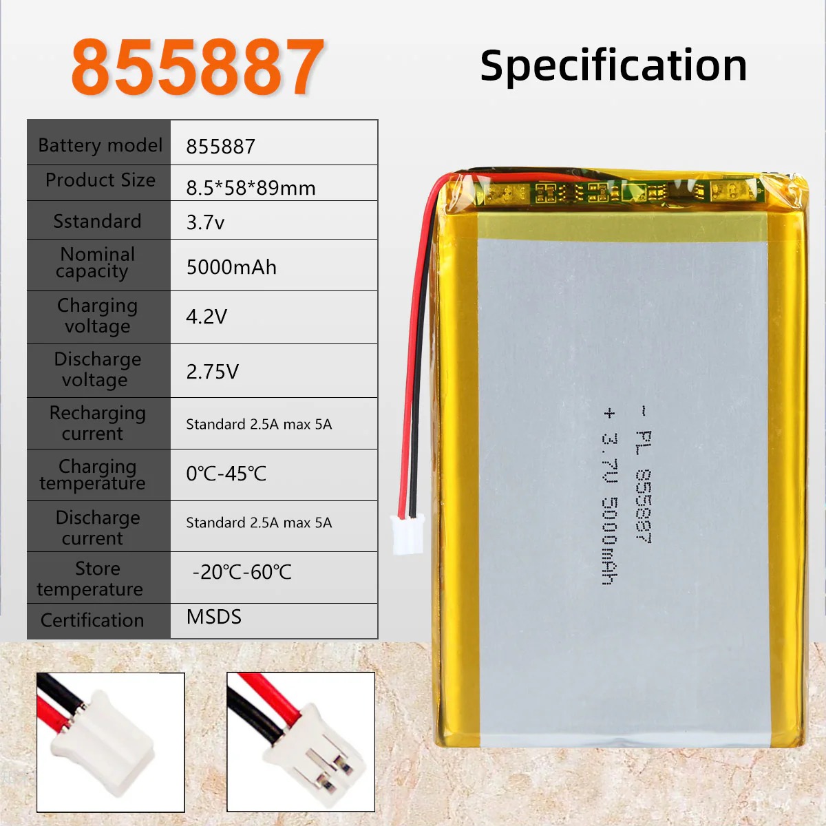 3.7V 5000mAh 855887 Rechargeable Lithium Polymer Battery - Image 6