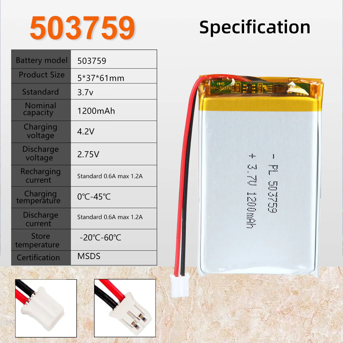 3.7V 503759 1200mAh Rechargeable Lithium Polymer Battery - Image 2